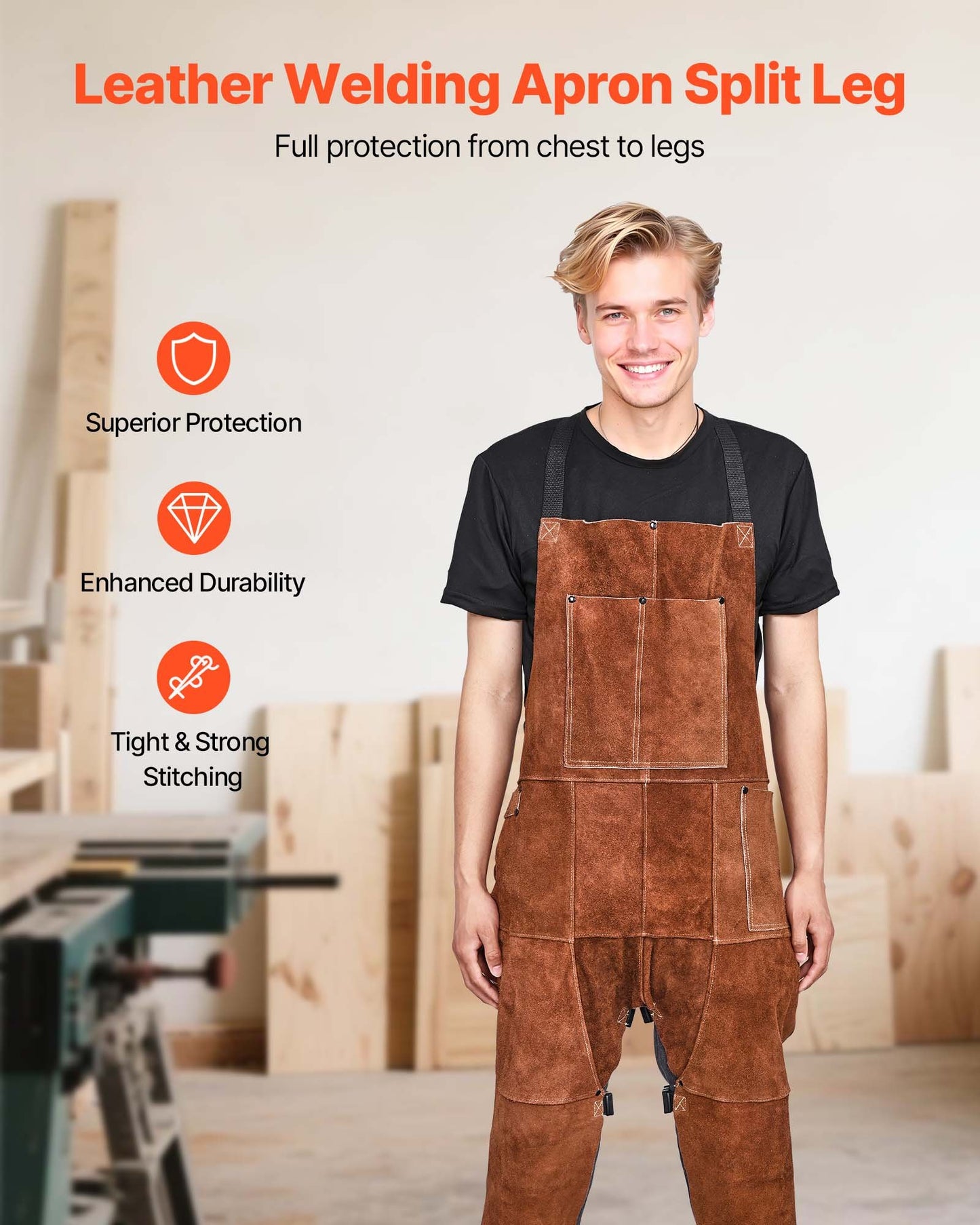 Leather Welding Apron Split Leg, Heavy Duty Cowhide Flame Resistant Welding Pants for Men Women, Heat-Resistant Safety Apron with 3 Pockets for Woodworking, Gardening, Blacksmithing, XL-Size
