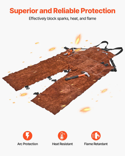 Leather Welding Apron Split Leg, Heavy Duty Cowhide Flame Resistant Welding Pants for Men Women, Heat-Resistant Safety Apron with 3 Pockets for Woodworking, Gardening, Blacksmithing, XL-Size