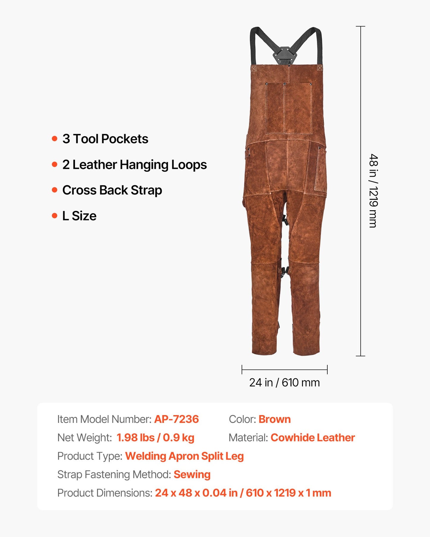 Leather Welding Apron Split Leg, Heavy Duty Cowhide Flame Resistant Welding Pants for Men Women, Heat-Resistant Safety Apron with 3 Pockets for Woodworking, Gardening, Blacksmithing, L-Size
