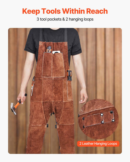 Leather Welding Apron Split Leg, Heavy Duty Cowhide Flame Resistant Welding Pants for Men Women, Heat-Resistant Safety Apron with 3 Pockets for Woodworking, Gardening, Blacksmithing, M-Size