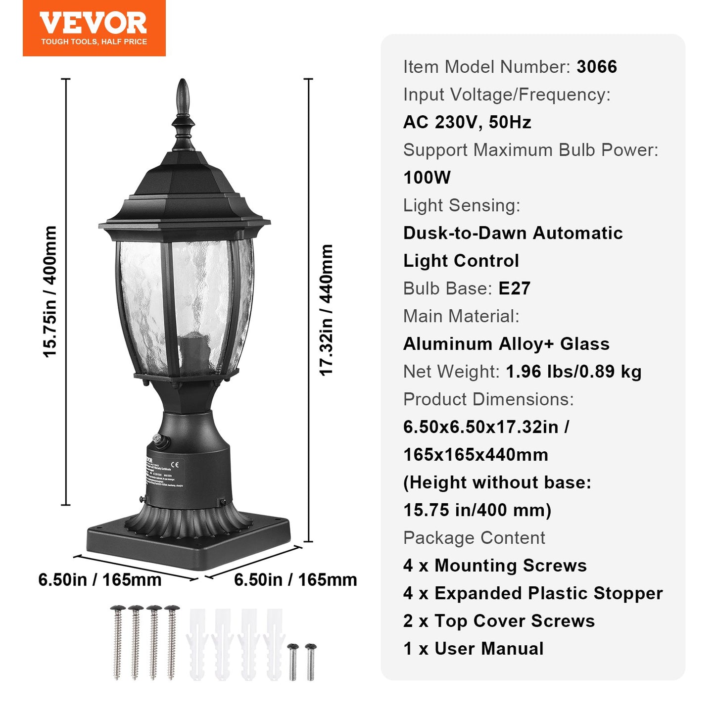 Dusk to Dawn Outdoor lamp post fixture 400mm post or pier mounting