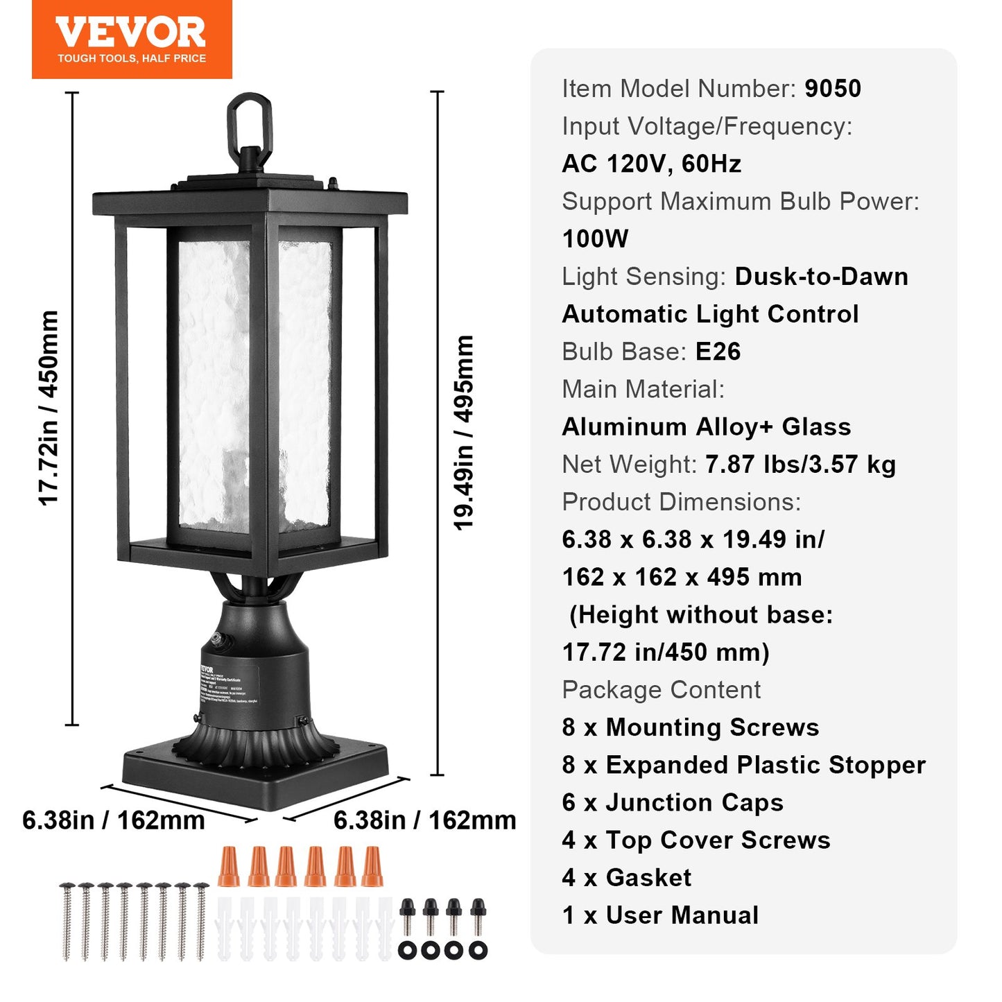 2 Pack Dusk to Dawn Outdoor Post Light, 17.72 in, Waterproof Lamp Post Light Fixtures with 3.5 in Pier Mount Base Glass Shade, Lightning-proof Exterior Pole Column Light for Patio Garden Pathway