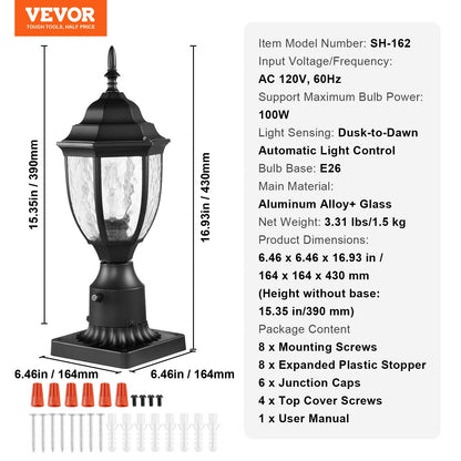 2 Pack Dusk to Dawn Outdoor Post Light, 15.35 in, Waterproof Lamp Post Light Fixtures with 3.5 in Pier Mount Base Glass Shade, Lightning-proof Exterior Pole Column Light for Patio Garden Pathway