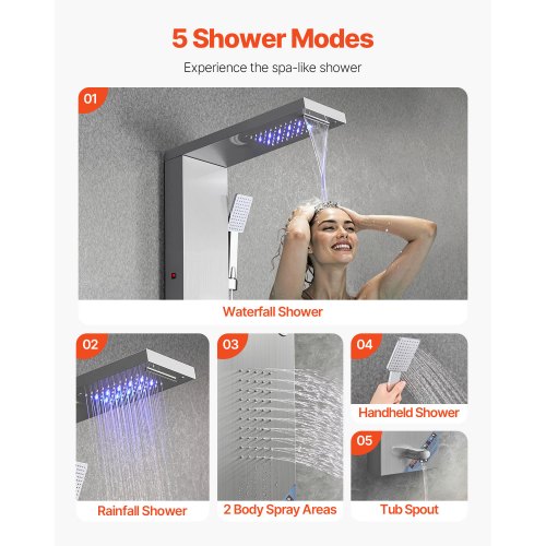 Shower Panel Tower System Stainless Steel Pillar Rain Nozzle 5 Modes