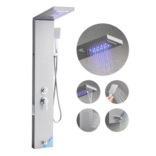 Shower Panel Tower System with Rainfall Waterfall Shower Head, LED, 53 in Brushed Stainless Steel Shower Column, 5-Function Faucet, Wall-Mount Rain Massage System, with Handheld, Tub Spout