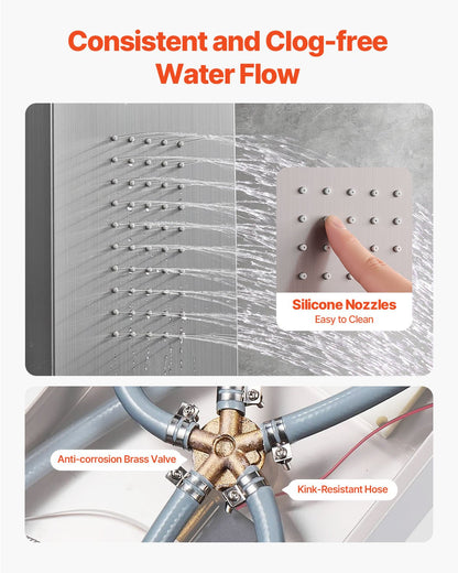 Shower Panel Tower System with Rainfall Waterfall Shower Head, LED, 53 in Brushed Stainless Steel Shower Column, 5-Function Faucet, Wall-Mount Rain Massage System, with Handheld, Tub Spout
