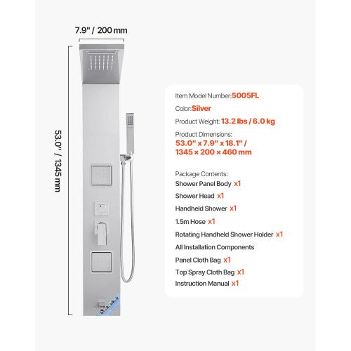 Duschpaneel-Turmsystem Edelstahlsäule Regenkopf Massagedüse