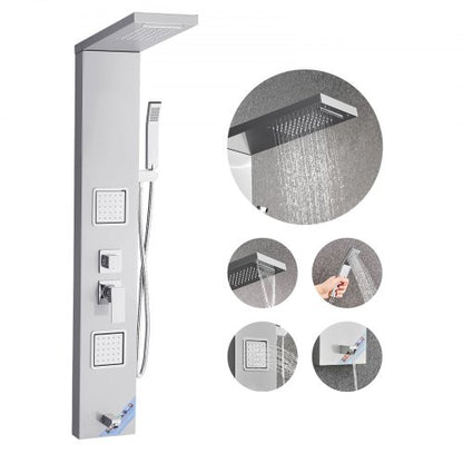 Shower Panel Tower System with Rainfall Waterfall Shower Head, 53 in Brushed Stainless Steel Shower Column, 5-Function Faucet, Wall-Mount Rain Massage System with 2 Body Jet, Handheld, Tub Spout