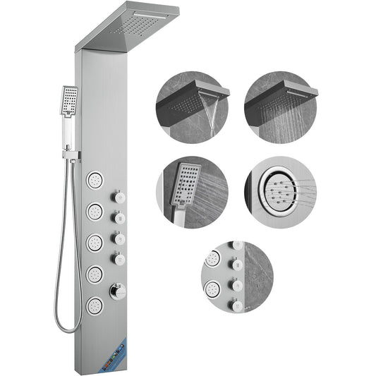 Shower panel system, 4 shower modes Shower panel tower, rain, waterfall, 5 full body massage jets and 3-position hand shower head with 59" hose, wall mounted stainless steel shower set