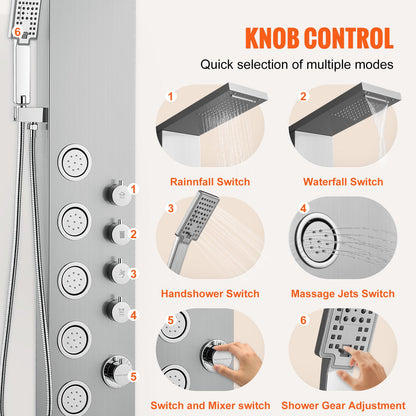 Shower Panel System, 4 Shower Modes Shower Panel Tower, Rainfall, Waterfall, 5 Full Body Massage Jets and 3-Setting Handheld Shower Head with 59" Hose, Stainless Steel Wall-Mounted Shower Set