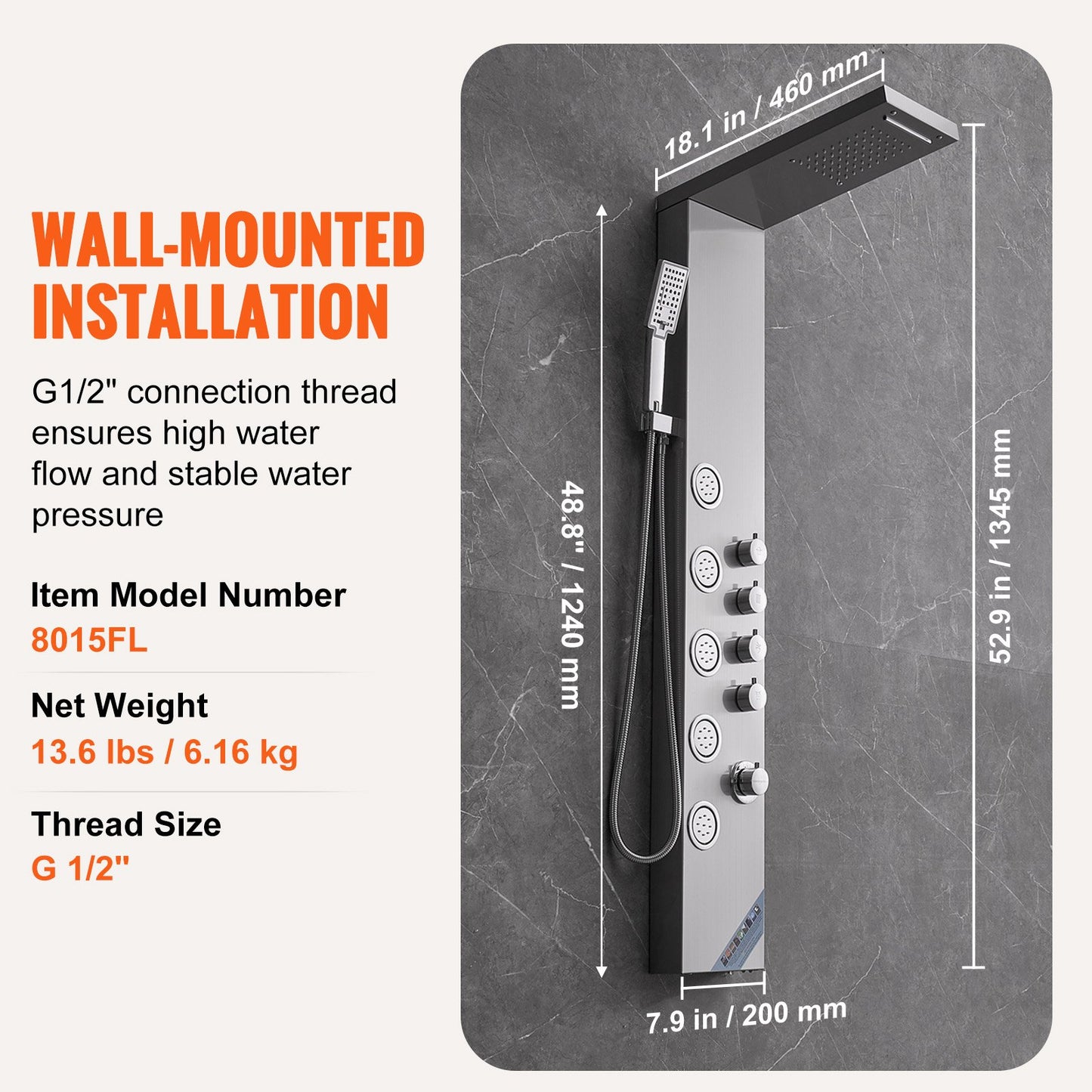 Shower Panel System, 4 Shower Modes Shower Panel Tower, Rainfall, Waterfall, 5 Full Body Massage Jets and 3-Setting Handheld Shower Head with 59" Hose, Stainless Steel Wall-Mounted Shower Set