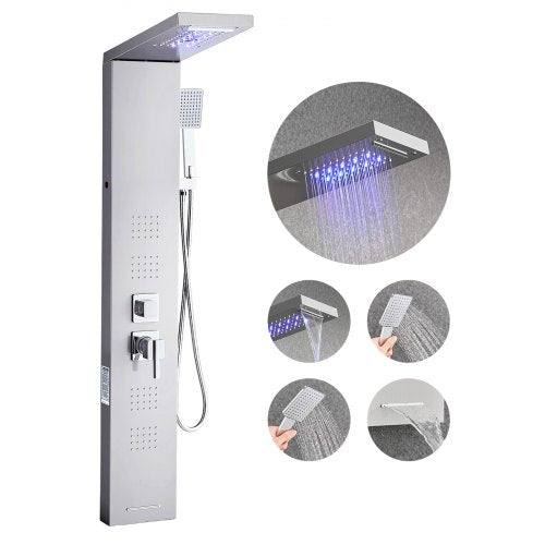 Shower Panel Tower System with Rainfall Waterfall Shower Head, LED, 53 in Brushed Stainless Steel Shower Column, 5-Function Faucet, Wall-Mount Rain Massage System, with Handheld and Tub Spout