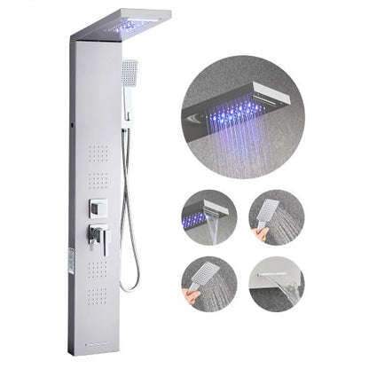 Shower Panel Tower System with Rainfall Waterfall Shower Head, LED, 53 in Brushed Stainless Steel Shower Column, 5-Function Faucet, Wall-Mount Rain Massage System, with Handheld and Tub Spout
