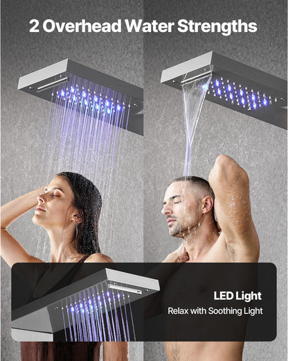 Shower Panel Tower System with Rainfall Waterfall Shower Head, LED, 53 in Brushed Stainless Steel Shower Column, 5-Function Faucet, Wall-Mount Rain Massage System, with Handheld and Tub Spout