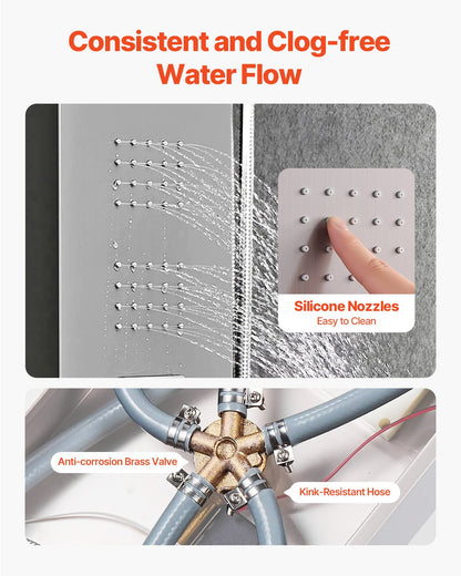 Shower Panel Tower System with Rainfall Waterfall Shower Head, LED, 53 in Brushed Stainless Steel Shower Column, 5-Function Faucet, Wall-Mount Rain Massage System, with Handheld and Tub Spout