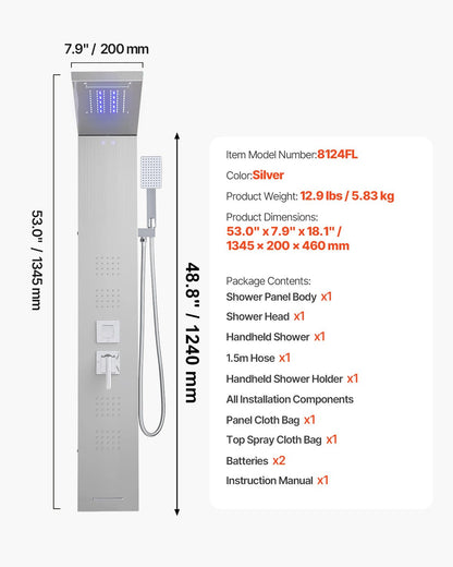 Shower Panel Tower System with Rainfall Waterfall Shower Head, LED, 53 in Brushed Stainless Steel Shower Column, 5-Function Faucet, Wall-Mount Rain Massage System, with Handheld and Tub Spout