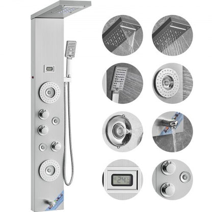 Shower Panel System, 6 Shower Modes, LED & Display Shower Panel Tower, Rainfall, Waterfall, 4 Body Massage Jets, Tub Spout, Handheld Shower Head 59" Hose, Stainless Steel Wall-Mounted Shower Set