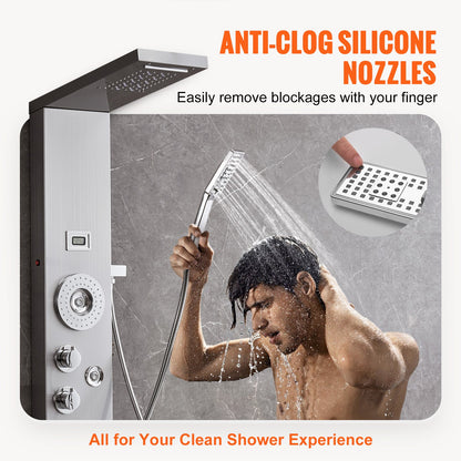 Shower Panel System, 6 Shower Modes, LED & Display Shower Panel Tower, Rainfall, Waterfall, 4 Body Massage Jets, Tub Spout, Handheld Shower Head 59" Hose, Stainless Steel Wall-Mounted Shower Set