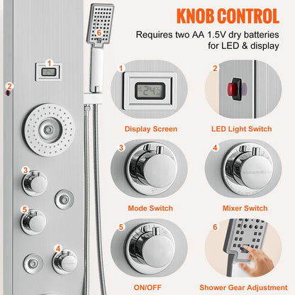 Shower Panel System, 6 Shower Modes, LED & Display Shower Panel Tower, Rainfall, Waterfall, 4 Body Massage Jets, Tub Spout, Handheld Shower Head 59" Hose, Stainless Steel Wall-Mounted Shower Set