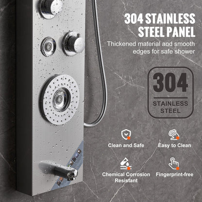Shower Panel System, 6 Shower Modes, LED & Display Shower Panel Tower, Rainfall, Waterfall, 4 Body Massage Jets, Tub Spout, Handheld Shower Head 59" Hose, Stainless Steel Wall-Mounted Shower Set