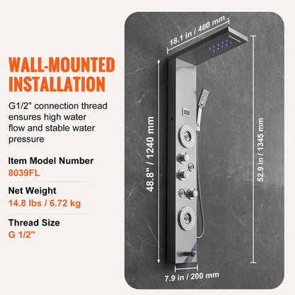 Shower Panel System, 6 Shower Modes, LED & Display Shower Panel Tower, Rainfall, Waterfall, 4 Body Massage Jets, Tub Spout, Handheld Shower Head 59" Hose, Stainless Steel Wall-Mounted Shower Set