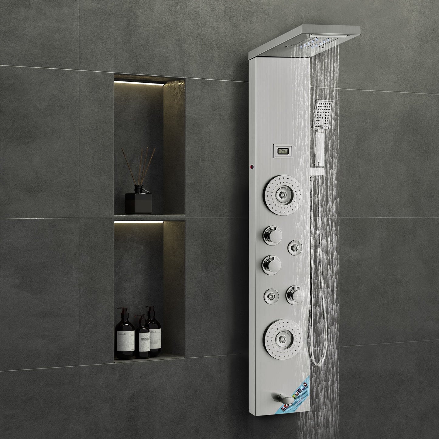 Shower Panel System, 6 Shower Modes, LED & Display Shower Panel Tower, Rainfall, Waterfall, 4 Body Massage Jets, Tub Spout, Handheld Shower Head 59" Hose, Stainless Steel Wall-Mounted Shower Set