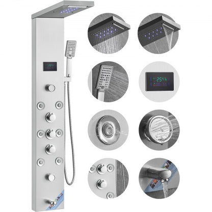 Shower Panel System, 6 Shower Modes, LED & Screen Hydroelectricity Shower Panel Tower, Rainfall, Waterfall, 8 Massage Jets, Tub Spout, Handheld Shower, Stainless Steel Wall-Mounted Shower Set