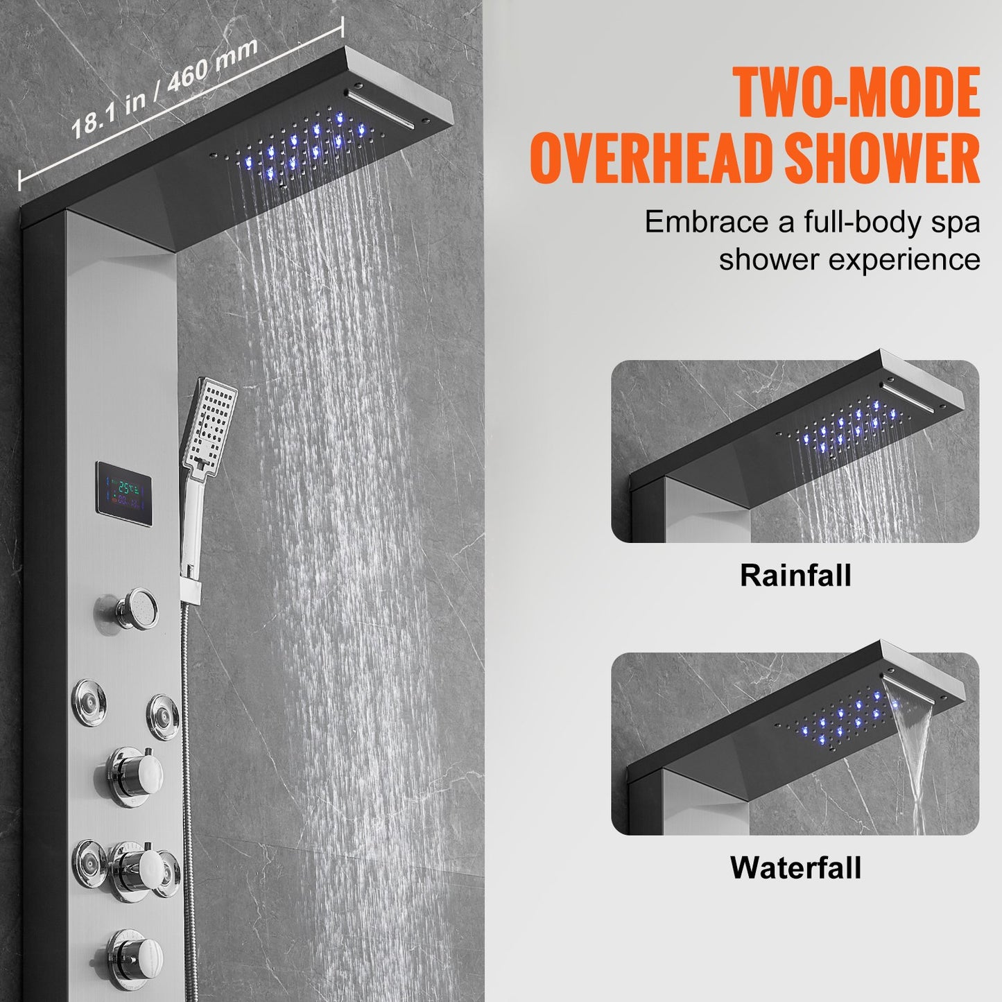 Shower Panel System, 6 Shower Modes, LED & Screen Hydroelectricity Shower Panel Tower, Rainfall, Waterfall, 8 Massage Jets, Tub Spout, Handheld Shower, Stainless Steel Wall-Mounted Shower Set