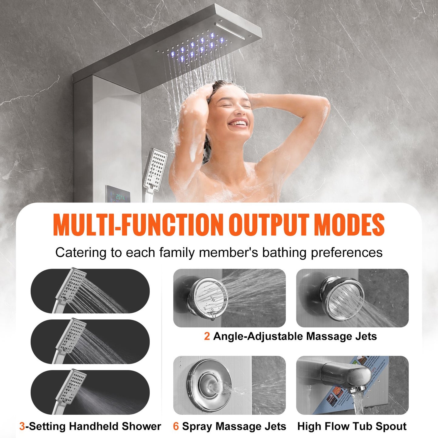 Shower Panel System, 6 Shower Modes, LED & Screen Hydroelectricity Shower Panel Tower, Rainfall, Waterfall, 8 Massage Jets, Tub Spout, Handheld Shower, Stainless Steel Wall-Mounted Shower Set