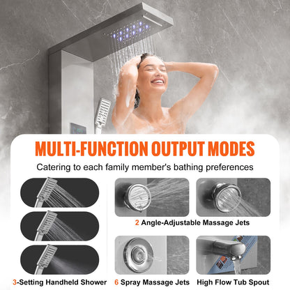 Shower Panel System, 6 Shower Modes, LED & Screen Hydroelectricity Shower Panel Tower, Rainfall, Waterfall, 8 Massage Jets, Tub Spout, Handheld Shower, Stainless Steel Wall-Mounted Shower Set