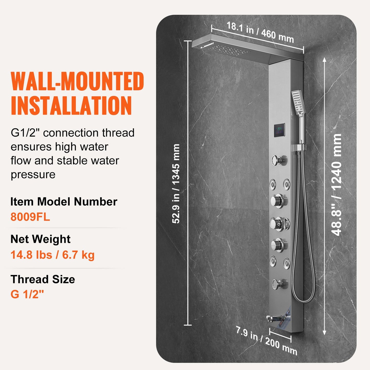 Shower Panel System, 6 Shower Modes, LED & Screen Hydroelectricity Shower Panel Tower, Rainfall, Waterfall, 8 Massage Jets, Tub Spout, Handheld Shower, Stainless Steel Wall-Mounted Shower Set