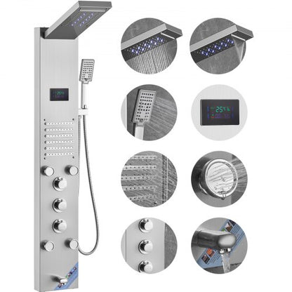 Shower Panel System, 6 Shower Modes, LED & Screen Hydroelectricity Shower Panel Tower, Rainfall, Waterfall, 5 Massage Jets, Tub Spout, Handheld Shower, Stainless Steel Wall-Mounted Shower Set