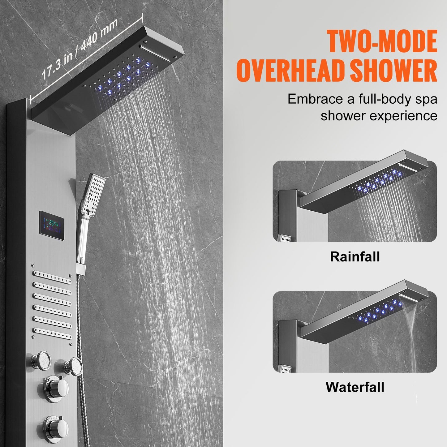 Shower Panel System, 6 Shower Modes, LED & Screen Hydroelectricity Shower Panel Tower, Rainfall, Waterfall, 5 Massage Jets, Tub Spout, Handheld Shower, Stainless Steel Wall-Mounted Shower Set