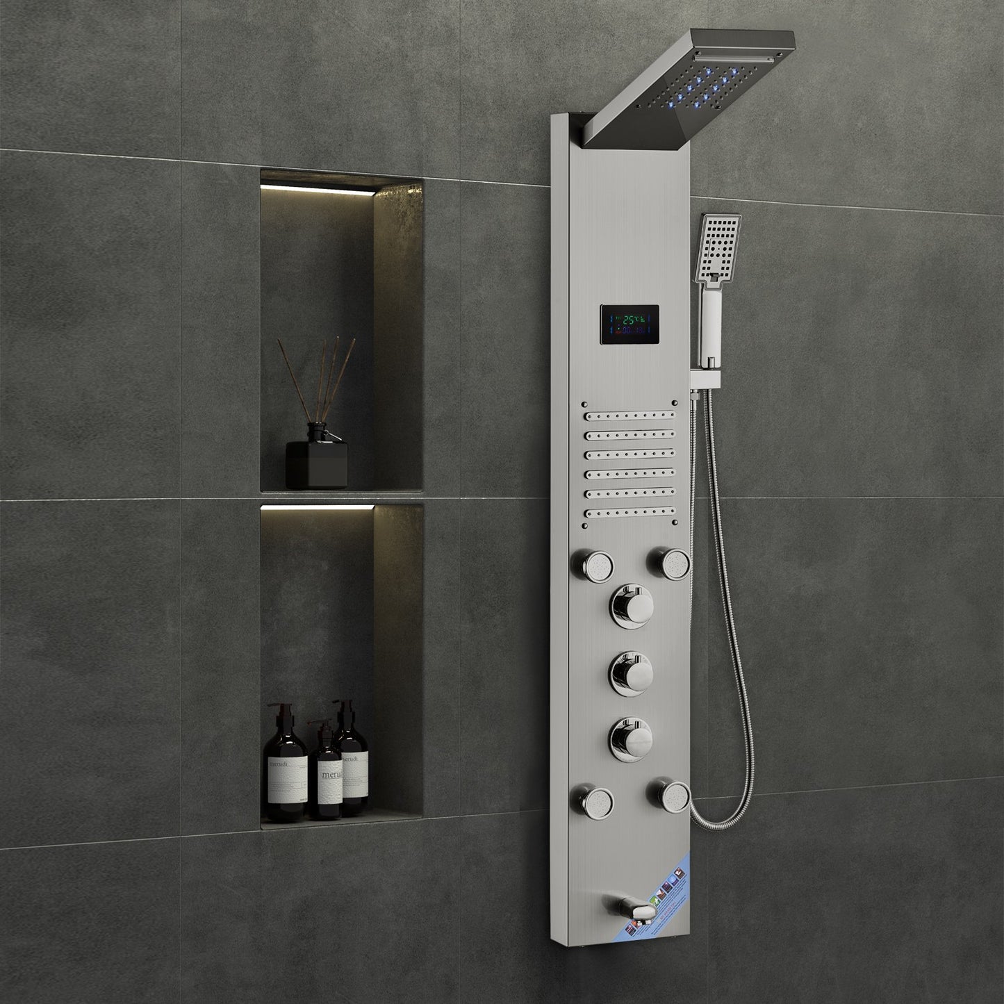 Shower Panel System, 6 Shower Modes, LED & Screen Hydroelectricity Shower Panel Tower, Rainfall, Waterfall, 5 Massage Jets, Tub Spout, Handheld Shower, Stainless Steel Wall-Mounted Shower Set
