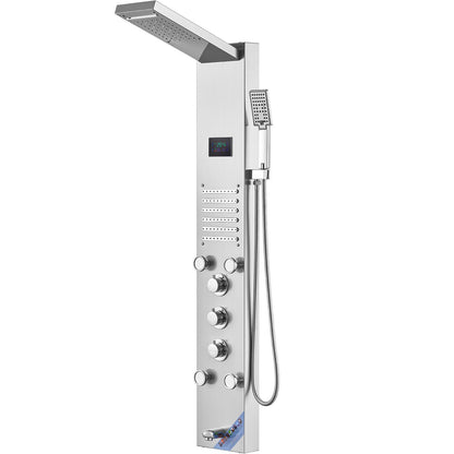 Shower Panel System, 6 Shower Modes, LED & Screen Hydroelectricity Shower Panel Tower, Rainfall, Waterfall, 5 Massage Jets, Tub Spout, Handheld Shower, Stainless Steel Wall-Mounted Shower Set