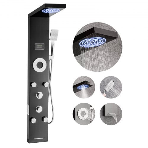 Shower Panel Tower System with Rainfall Shower Head, LED, 53 in Brushed Stainless Steel Shower Column, 6-Function Faucet, Wall-Mount Rain Massage System with 5 Body Jets, Handheld, Tub Spout