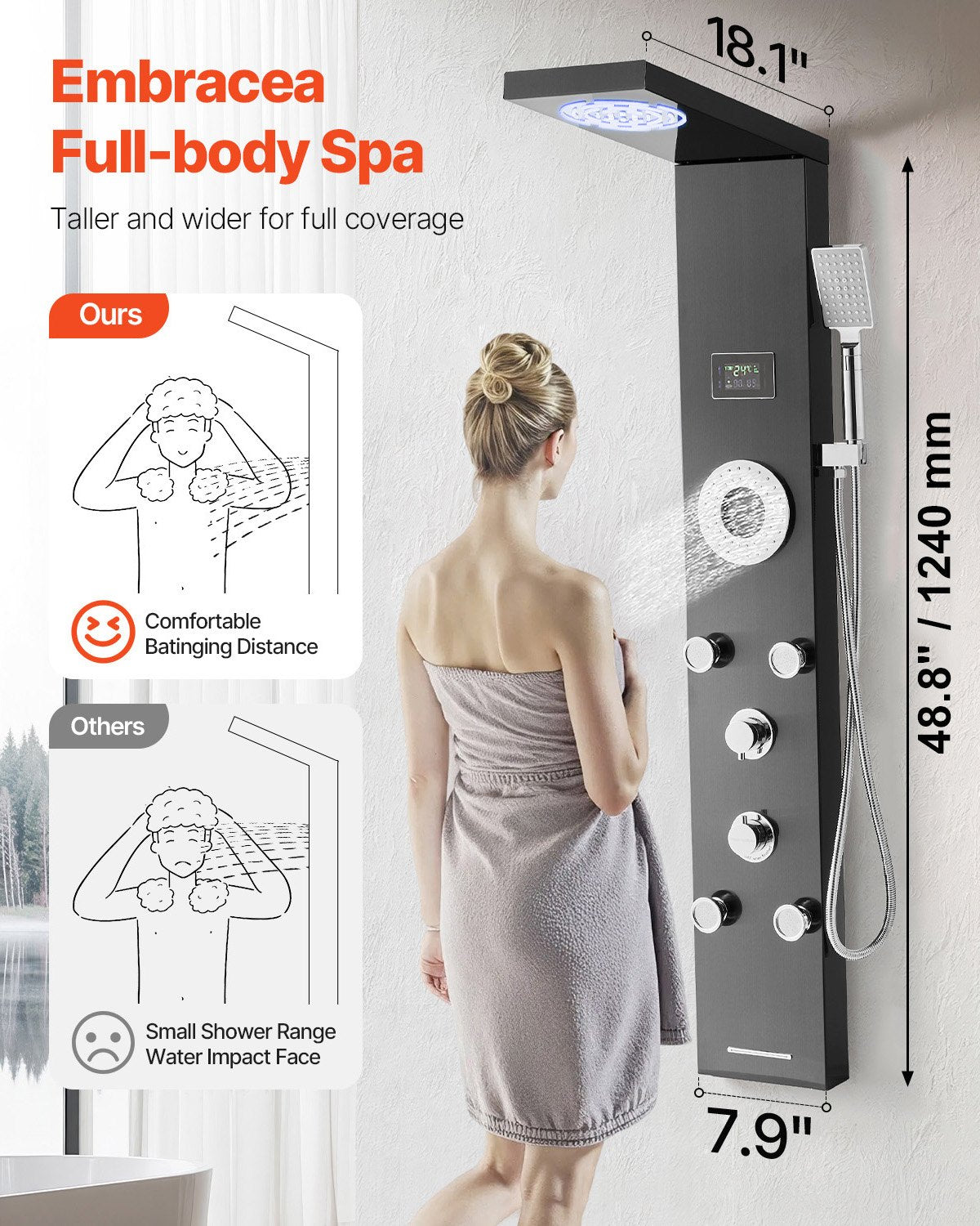 Shower Panel Tower System with Rainfall Shower Head, LED, 53 in Brushed Stainless Steel Shower Column, 6-Function Faucet, Wall-Mount Rain Massage System with 5 Body Jets, Handheld, Tub Spout