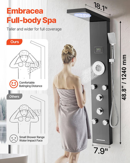 Shower Panel Tower System with Rainfall Shower Head, LED, 53 in Brushed Stainless Steel Shower Column, 6-Function Faucet, Wall-Mount Rain Massage System with 5 Body Jets, Handheld, Tub Spout