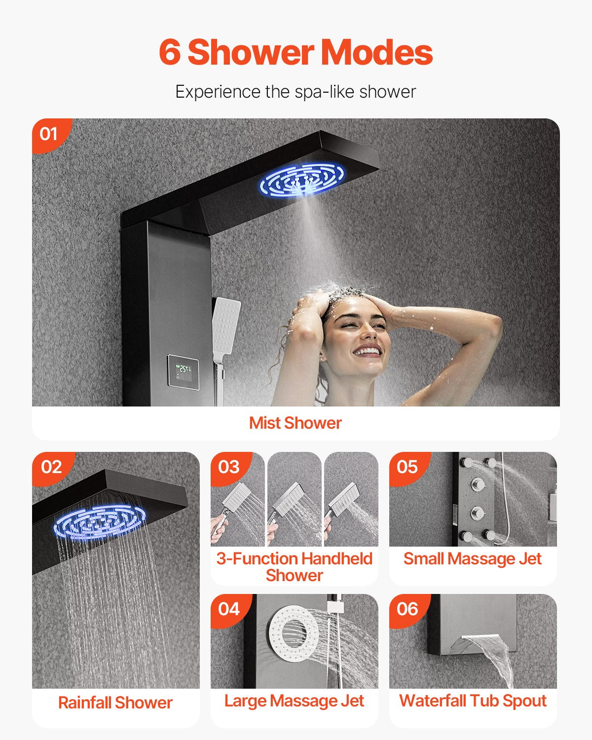 Shower Panel Tower System with Rainfall Shower Head, LED, 53 in Brushed Stainless Steel Shower Column, 6-Function Faucet, Wall-Mount Rain Massage System with 5 Body Jets, Handheld, Tub Spout