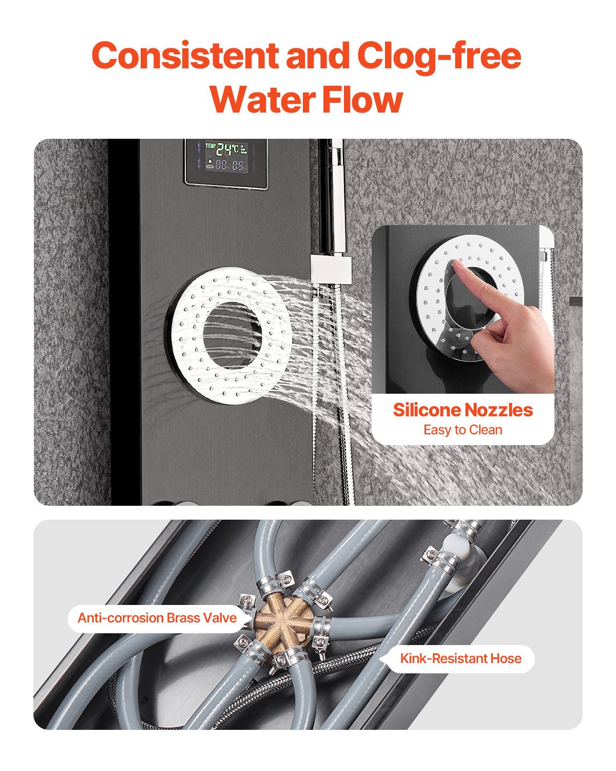 Shower Panel Tower System with Rainfall Shower Head, LED, 53 in Brushed Stainless Steel Shower Column, 6-Function Faucet, Wall-Mount Rain Massage System with 5 Body Jets, Handheld, Tub Spout