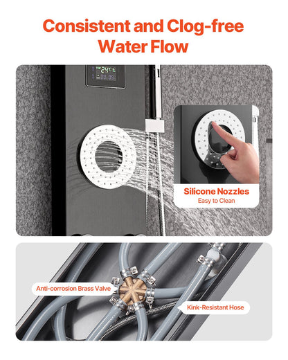 Shower Panel Tower System with Rainfall Shower Head, LED, 53 in Brushed Stainless Steel Shower Column, 6-Function Faucet, Wall-Mount Rain Massage System with 5 Body Jets, Handheld, Tub Spout