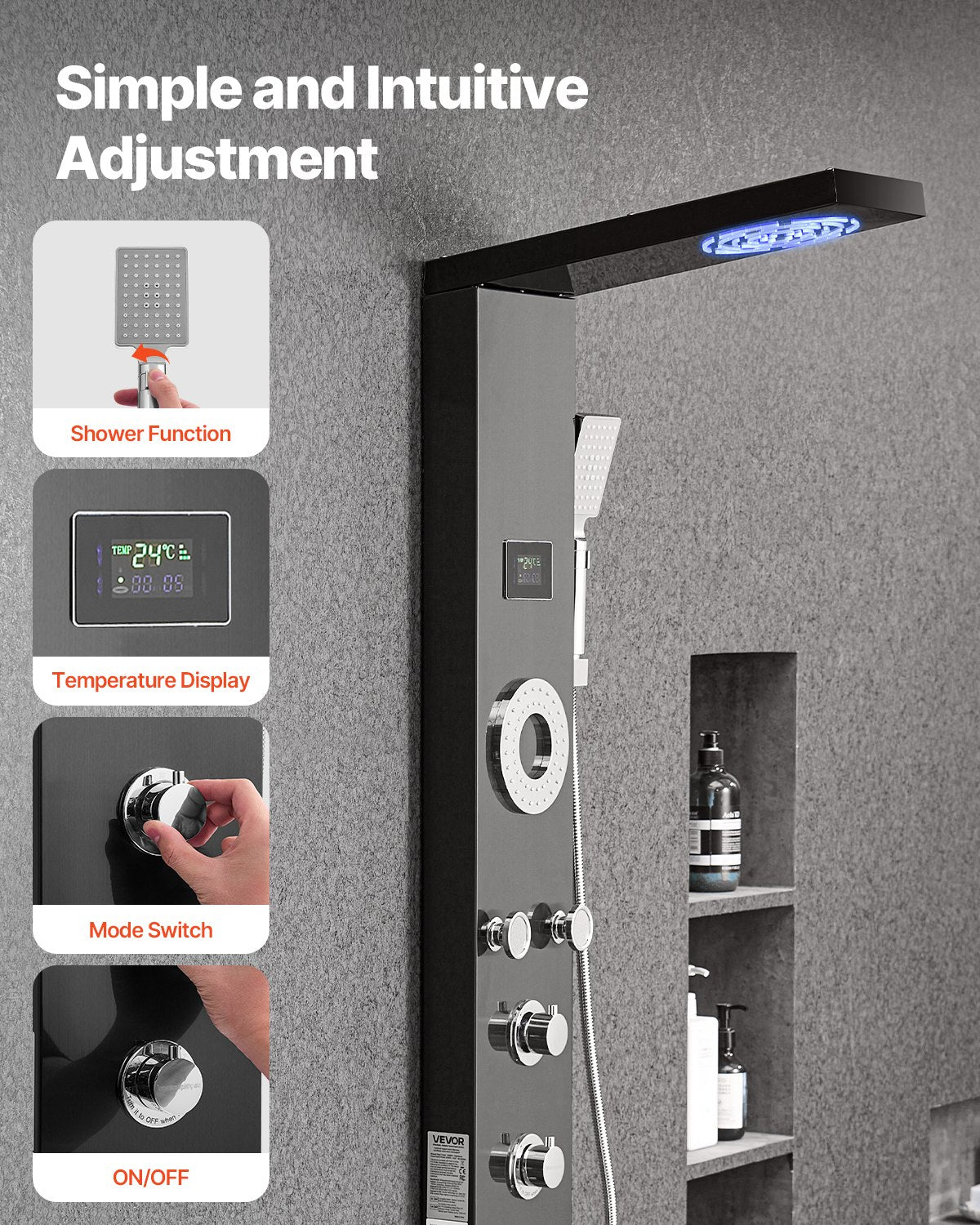 Shower Panel Tower System with Rainfall Shower Head, LED, 53 in Brushed Stainless Steel Shower Column, 6-Function Faucet, Wall-Mount Rain Massage System with 5 Body Jets, Handheld, Tub Spout