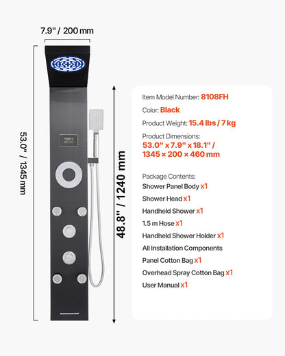 Shower Panel Tower System with Rainfall Shower Head, LED, 53 in Brushed Stainless Steel Shower Column, 6-Function Faucet, Wall-Mount Rain Massage System with 5 Body Jets, Handheld, Tub Spout