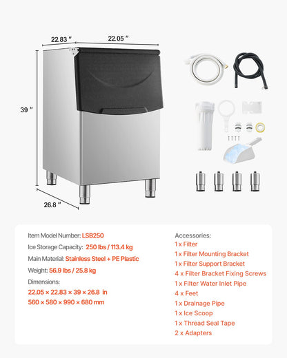 Commercial Ice Maker Storage Bin, 250LBS Capacity Ice Bin, Stainless Steel Ice Storage Bin with Filter and Adjustable Anti-slip Rubber Feet, Suitable for Restaurant Hotel and Beverage Shops