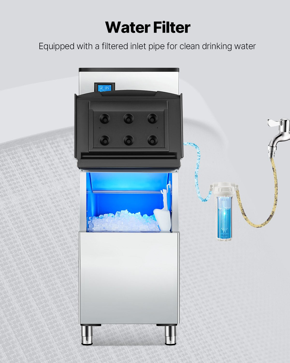 Commercial Ice Maker Storage Bin, 250LBS Capacity Ice Bin, Stainless Steel Ice Storage Bin with Single-stage Filter and Adjustable Anti-slip Rubber Feet, Suitable for Restaurant and Hotel