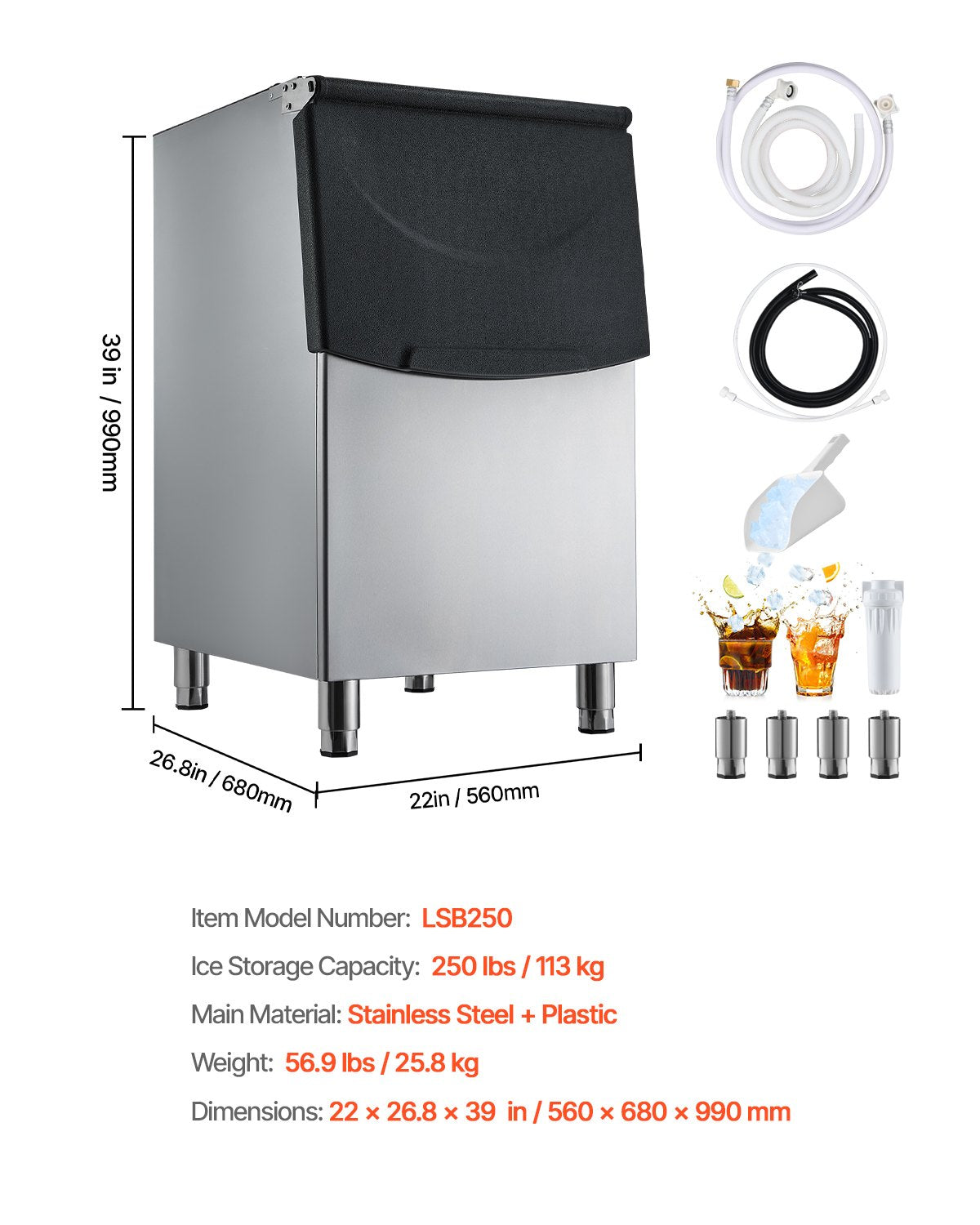 Commercial Ice Maker Storage Bin, 250 LBS Capacity Ice-Bin, Stainless Steel Commercial Ice Storage Bin with Adjustable Anti-slip Rubber Feet, Suitable for Restaurant Hotel and Beverage Shops