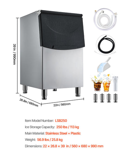 Commercial Ice Maker Storage Bin, 250 LBS Capacity Ice-Bin, Stainless Steel Commercial Ice Storage Bin with Adjustable Anti-slip Rubber Feet, Suitable for Restaurant Hotel and Beverage Shops