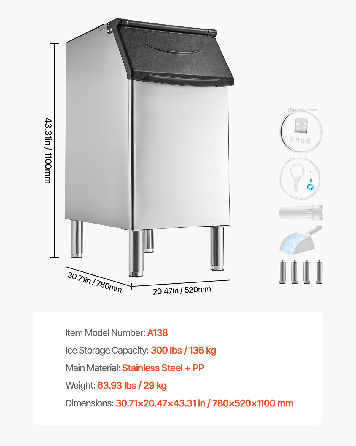 Commercial Ice Maker Storage Bin, 300 LBS Capacity Ice-Bin, Stainless Steel Commercial Ice Storage Bin with Adjustable Anti-slip Rubber Feet, Suitable for Restaurant Hotel and Beverage Shops