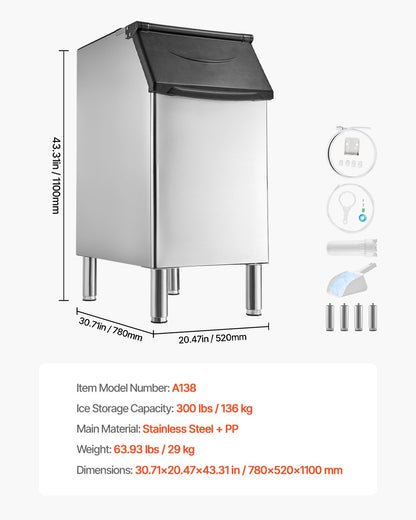 Commercial Ice Maker Storage Bin, 300 LBS Capacity Ice-Bin, Stainless Steel Commercial Ice Storage Bin with Adjustable Anti-slip Rubber Feet, Suitable for Restaurant Hotel and Beverage Shops