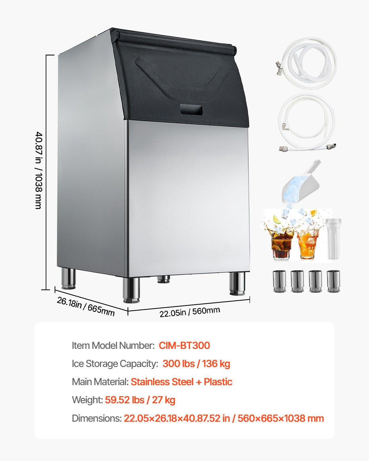 Commercial Ice Maker Storage Bin, 300 LBS Capacity Stainless Steel Ice-Bin, Commercial Ice Storage Bin with Adjustable Anti-slip Rubber Feet, Suitable for Restaurant, Hotel and Beverage Shops